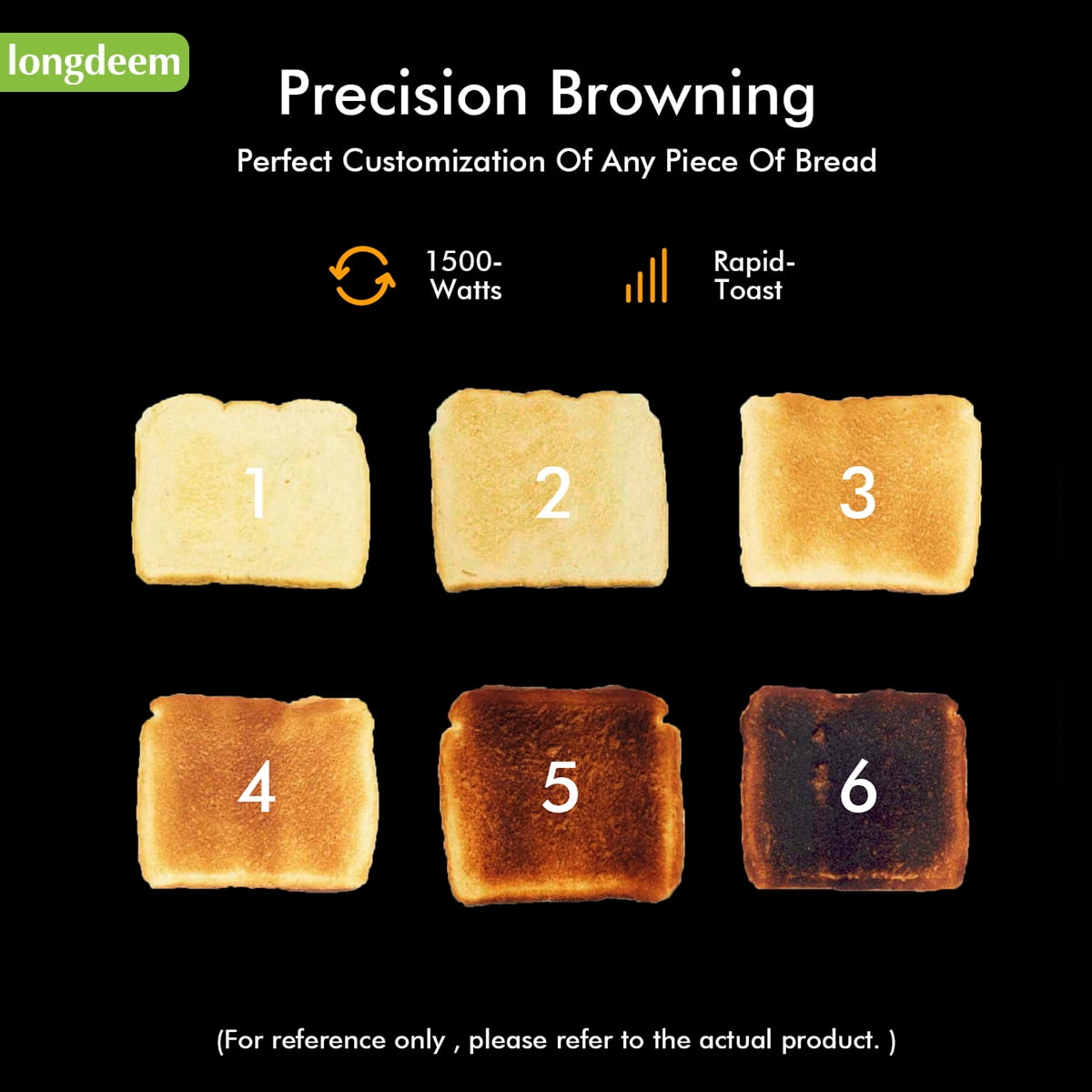 LONGDEEM 4 Slice Toaster - 6 Browning Levels, Wide Slots, High Lift Lever - Silver