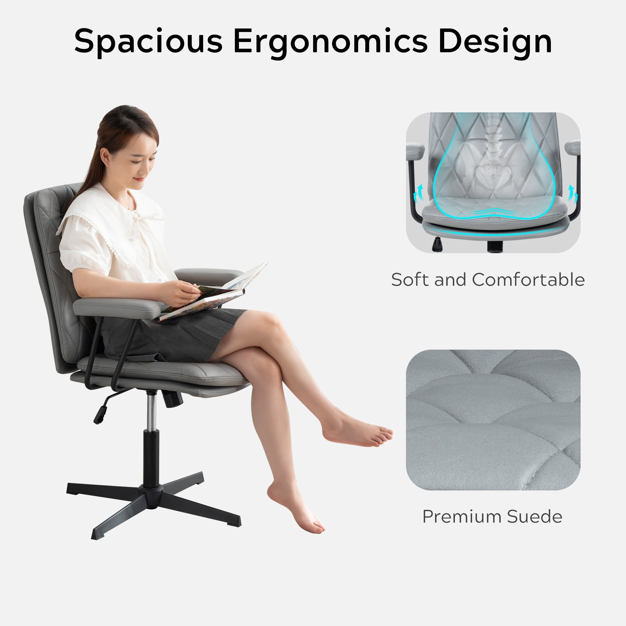 EYYTHUNG Home Desk Chair with Arms, Adjustable Stationary Ergonomic Office Swivel Working Computer Chair with Soft Cushion No Wheels, Grey