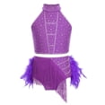 thumbnail image 3 of dPois Robe de Danse Tango Latin pour Filles Enfants, Top Court à Franges et Jupe à Plumes Violette 8, 3 of 5