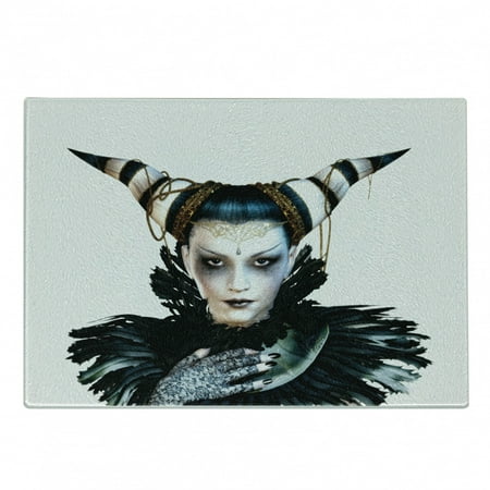 

Fantasy Cutting Board Portrait of a Gothic Lady with a Carnival Costume Black Lipstick and Hair Horns Decorative Tempered Glass Cutting and Serving Board Small Size White Black by Ambesonne