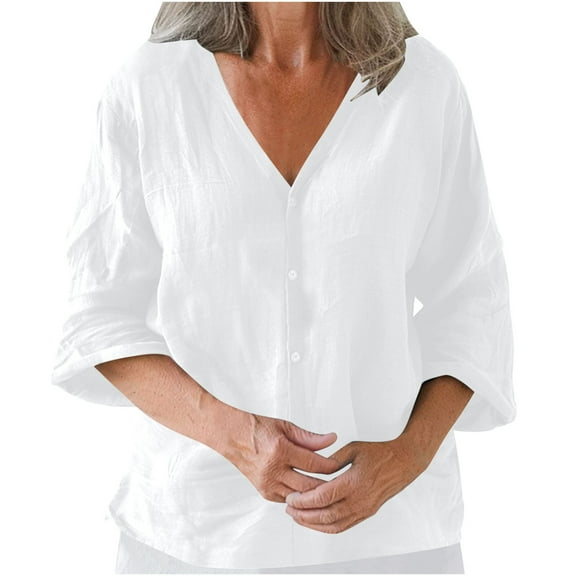 GigrtiJin Women's Casual 3/4 Sleeve Blouse Solid Color V-Neck Fashion Loose Top Summer Comfy Basic Shirts