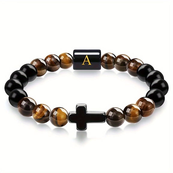 SUSOLA Men's Natural Tiger Eye Cross Bracelet, A-Z Initial Onyx Beaded Christian Jewelry Gift for Men