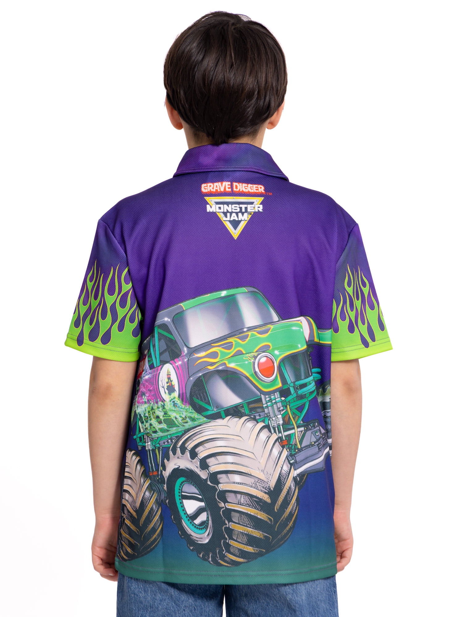 Monster Jam Grave Digger Boys Button Shirt with Short Sleeves, Sizes 4-16