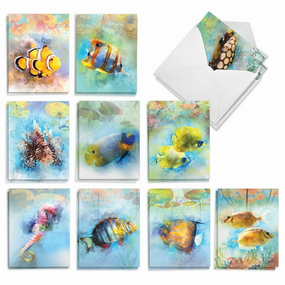 20 Thank You Cards Assorted (10 Designs, 2 Each) - Underwater Colors Thank You (4" x 5.12") AM7176TYG-B2x10