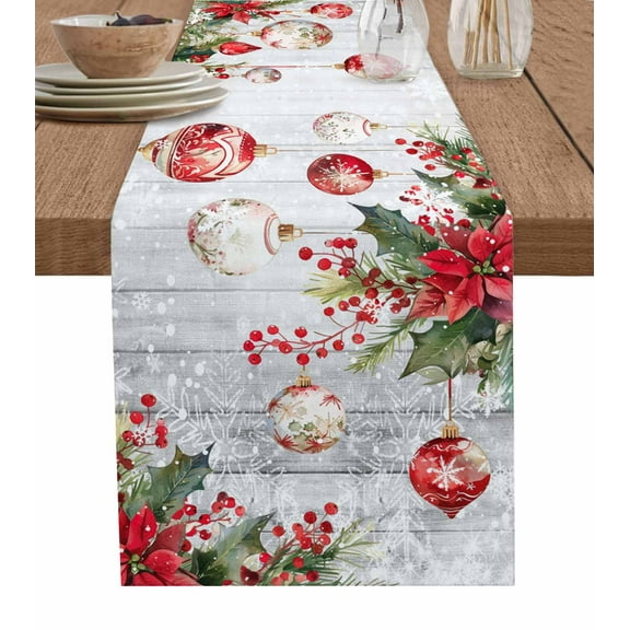 Table Runners 60 Inches Long Dress Scarves, Red Christmas Balls Farmhouse Kitchen/Dining Table Runner, Small Coffee Tablerunners, Xmas Poinsettia Botanical Grey 13x60 Inch