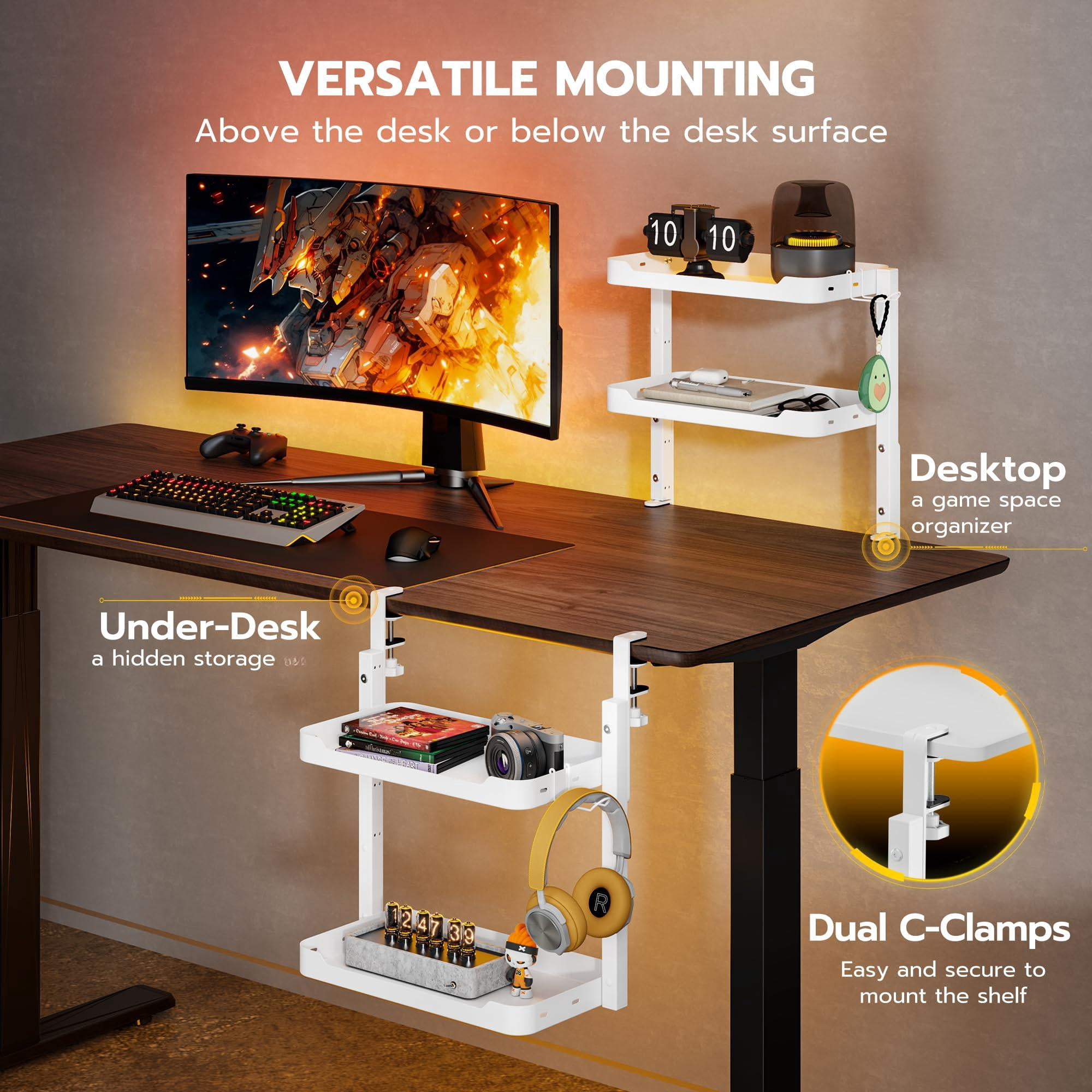 2-tier Clamp On Desk Shelf  16 Inch Adjustable Above Or Under Storage Shelves Holds 66 Lbs Heavy Duty Desktop Organizer With Headphone Holder For Working And Gaming Accessories White