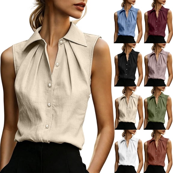 Miluxas Women's Sleeveless Button Down Blouse Collared Pleated Front Loose Tunic Shirts Work office Casual Tank Tops Lightweight Summer Outfit White