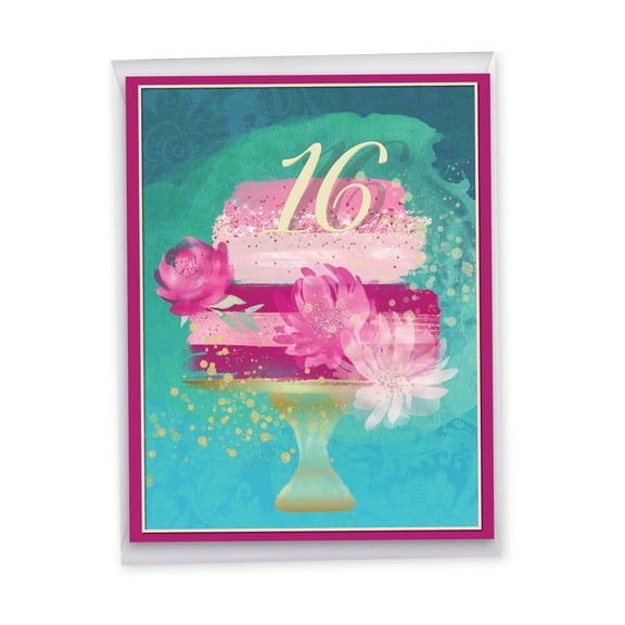 NobleWorks Big 16th Milestone Birthday Greeting Card From Us 8.5 x 11 Inch with Envelope (1 Pack) Large Jumbo Number Cake 16 J10131MBG-US