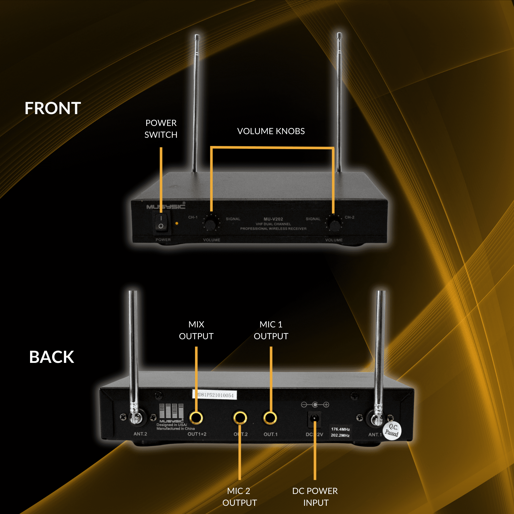 MUSYSIC MU‑V202‑LL Professional 2‑Channel VHF Wireless Microphone System – Dual Lavalier & Headset Mics, 170–250 MHz, Individual Volume Control, 120 ft Range