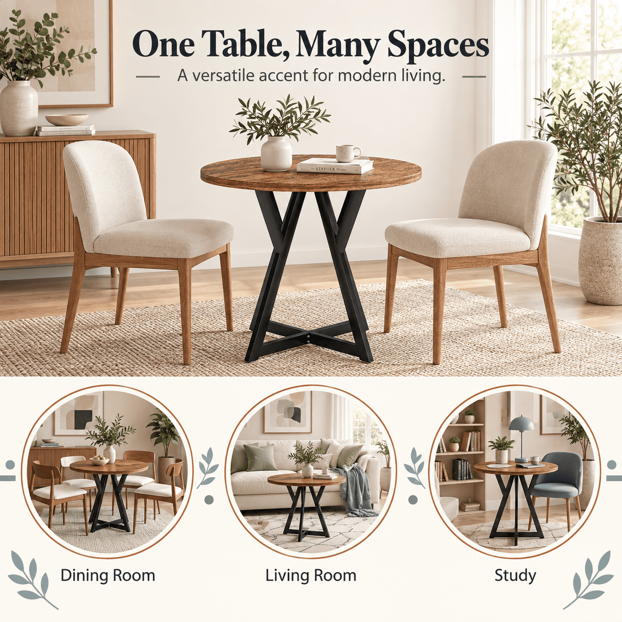 Furnibear 36 Inch Round Dining Table with Sturdy Metal Pedestal Base, Rustic Wood Grain for Kitchen Dining Room Small Space, Antique
