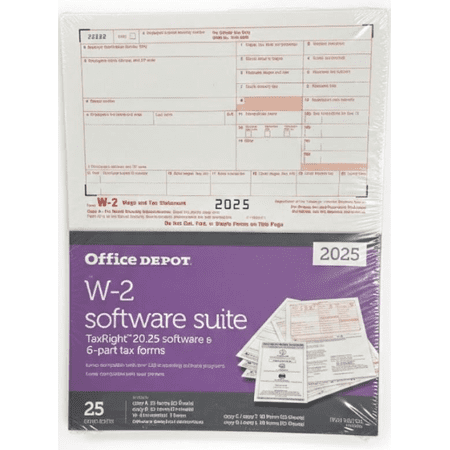 Office Depot 2025 W-2 Software Suite with 6-Part Tax Forms, TaxRight Software, 25 Employee Pack