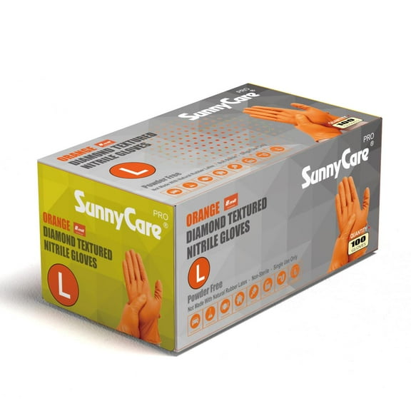 SunnyCare®, ORANGE, DIAMOND TEXTURED NITRILE GLOVES, 8 MIL, 100 PER BOX, SIZE: Large