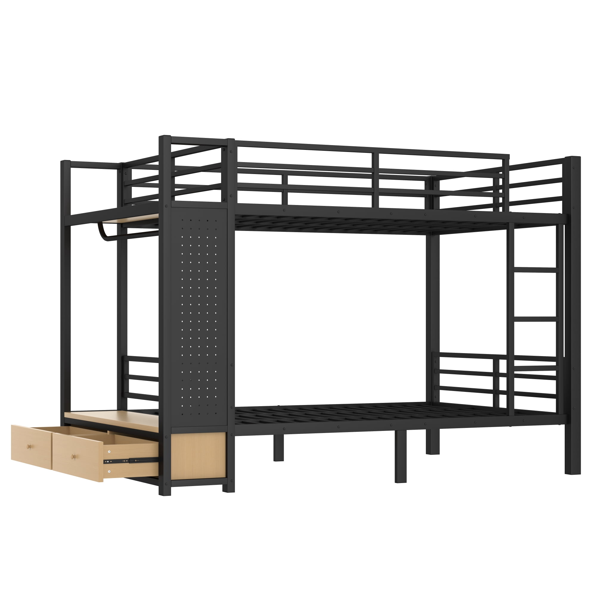 Leumius Full over Full Metal Bunk Bed with Built-in Wardrobe,Heavy Duty Loft Bed Frame with Storage Shelves,Drawers and Pegboard,Space-Saving,Black