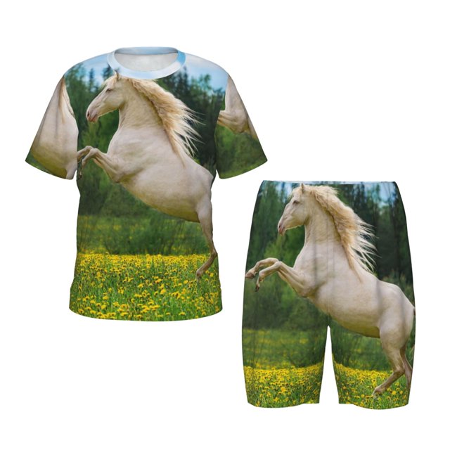 Fotbe Horse Rearing Up In The Field Pijama Estampada de 2 Piezas para Niños – Ropa de Dormir de Manga Corta Cómoda para Niños y Niñas, Camiseta y Shorts de Algodón-Medium