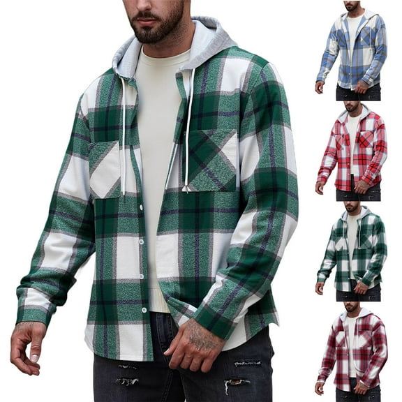 Txeol Mens Plaid Jacket Casual Button Down Long Sleeve Checkered Hoodies Drawstring Hood Sweatshirts with Chest Pocket,Red L