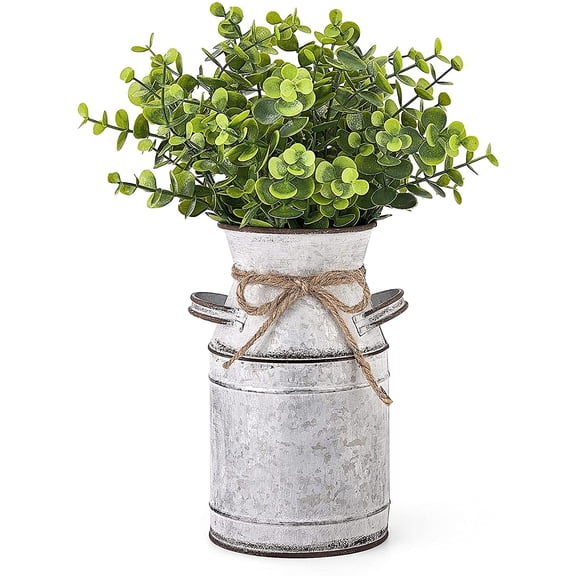 Metal Flower Vase with Artificial Eucalyptus Farmhouse Decor Rustic Shabby Chic Milk Can Galvanized Jug Planter Fake Plants in Decorative Tin Vase for Table Centerpieces Bedroom Kitchen Decor