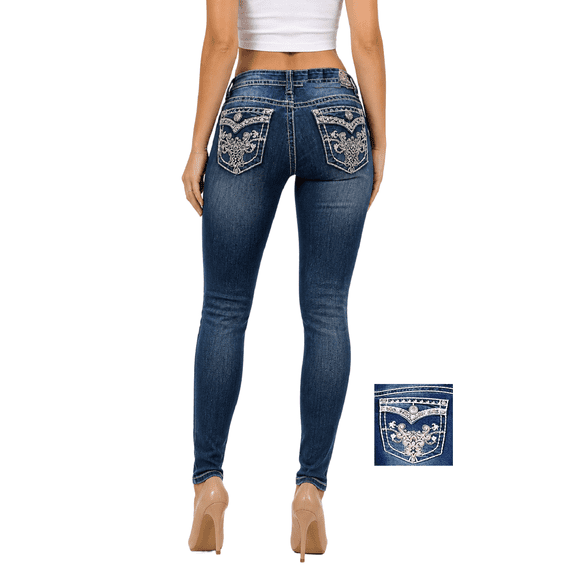 Jack David Premium Women's Bootcut Rhinestone Mid Rise Bootcut Stretchy Denim Jeans Pants