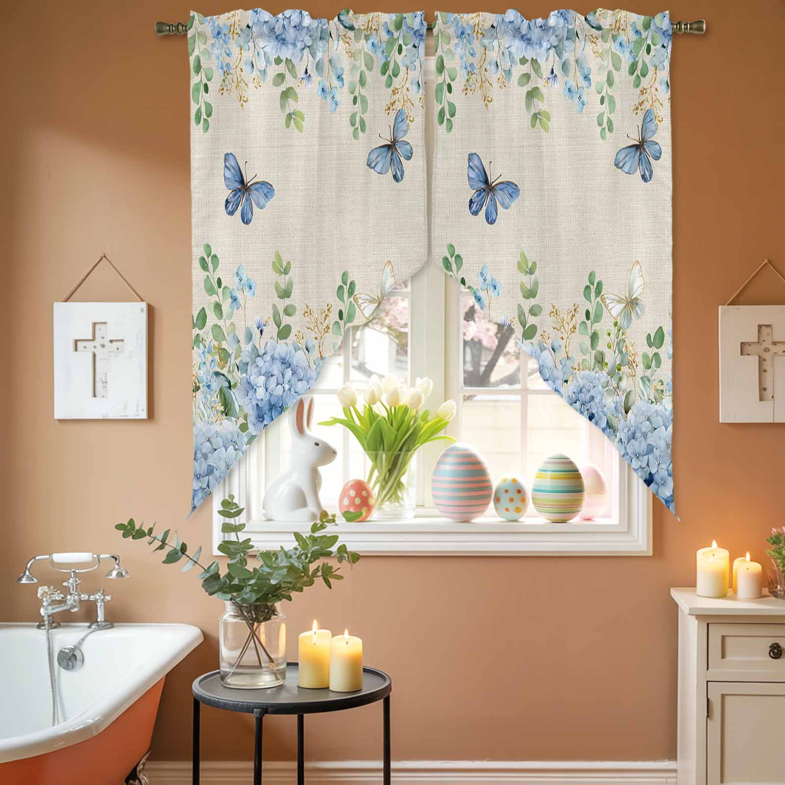 Blue Hydrangea Swag Kitchen Curtain Valances, Rustic Summer Blue Floral Butterfly Linen Texture Rod Pocket Curtains Window Treatment Decor Valances for Bedroom Bathroom, 2 Panels 36 x 36 Inch