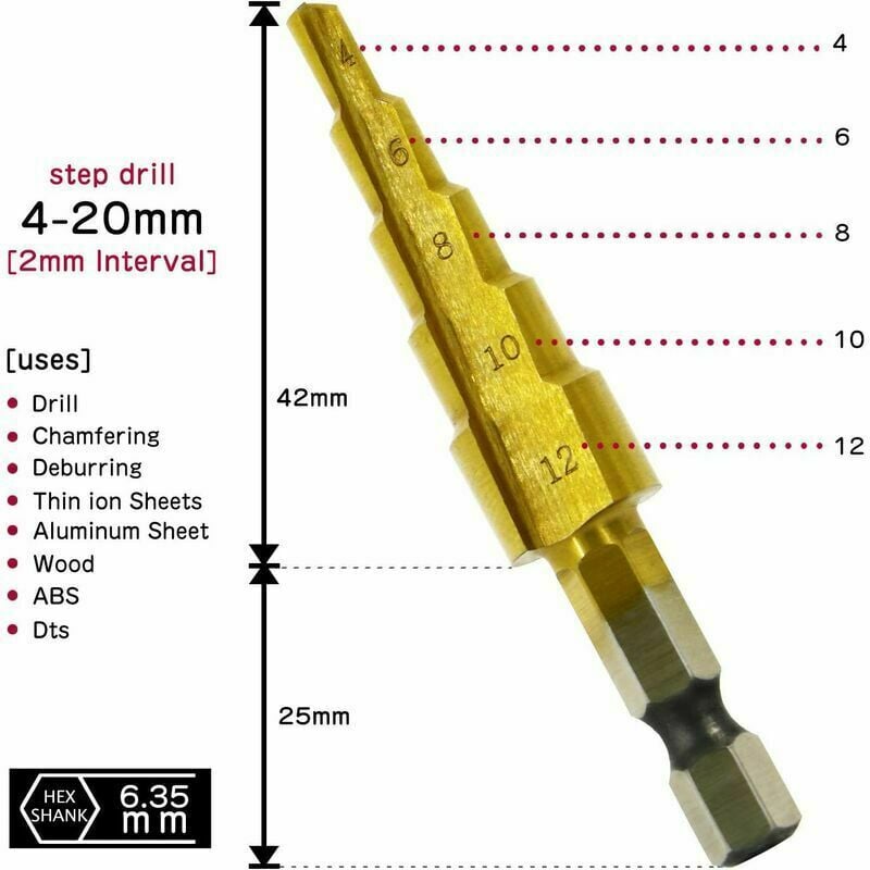 Set Of 3 Step Drill Bits, Stainless Steel Metal, 4-12/20/32Mm, Titanium Conical Triangle, With Hexagon Shank, For Drilling Screwdriver On Steel, Brass, Wood, Plastic