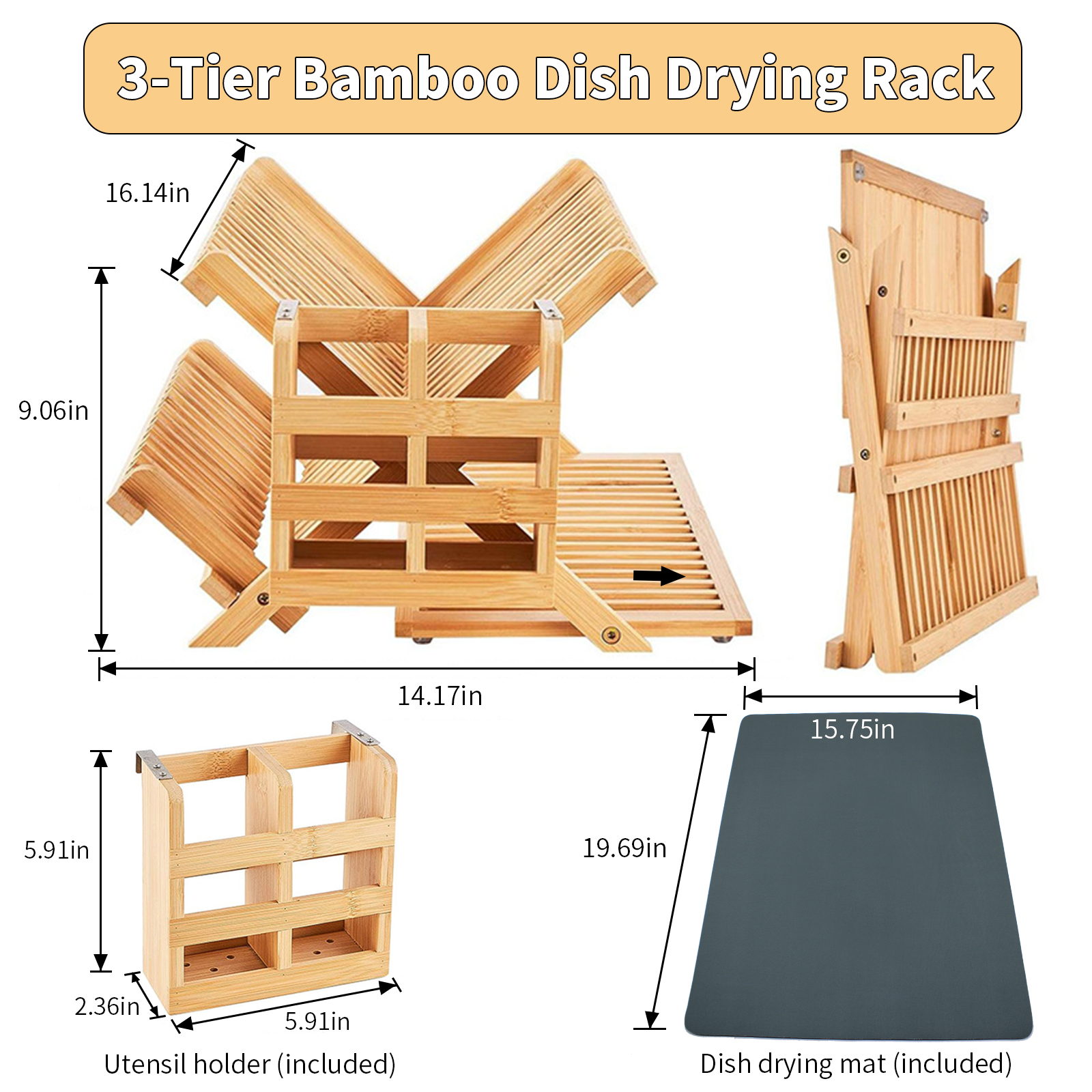 3 Tier Bamboo Dish Drying Rack with Utensil Holder, Collapsible Dish Rack, Large Dish Racks for Kitchen Counter, Wooden Folding Dish Drainer with Dish Drying Mat, with Drying Mat