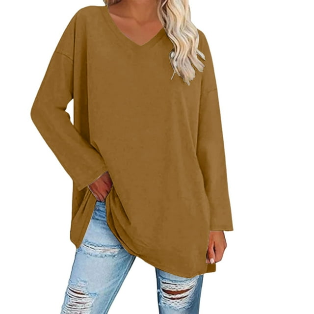 Breezora Tunique à Col Rond Surdimensionnée pour Femmes Chemise à Manches Longues Rayée Douce Coupe Ample Blouse Décontractée Confort Quotidien 2026 Taille P Jaune