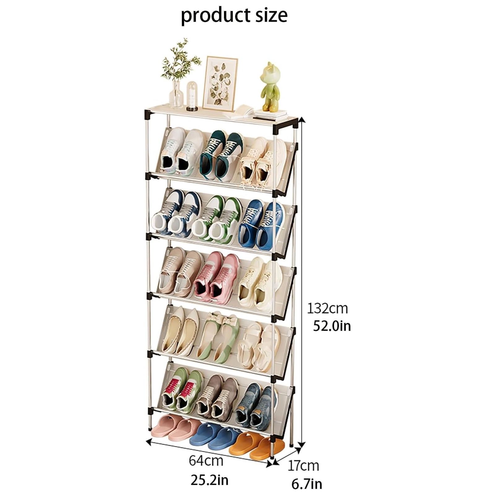Narrow Shoe Rack for Entrance, 6 Tiers Shoe Racks Tilted Shoe Rack Organizer with 5 Slanted Shelves for Closet Floor Entryway Hallway, Holds 18 Pairs Multifunctional Front Door Shoe Rack, 66cm/25.9‘’