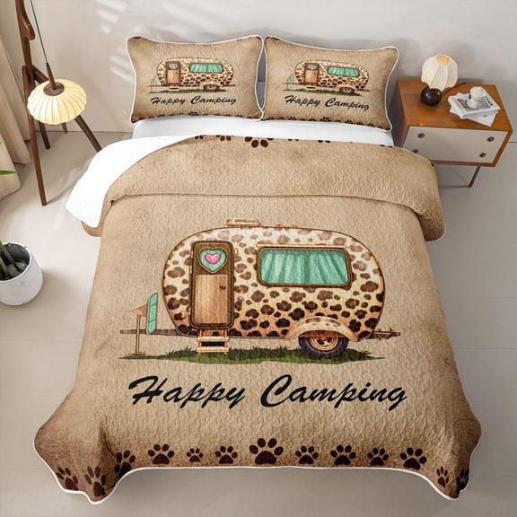 Erosebridal Leopard Print Camper Twin Quilt Set,Kids Happy Camping Twin Coverlet Set For Girl Boys,2 Pieces