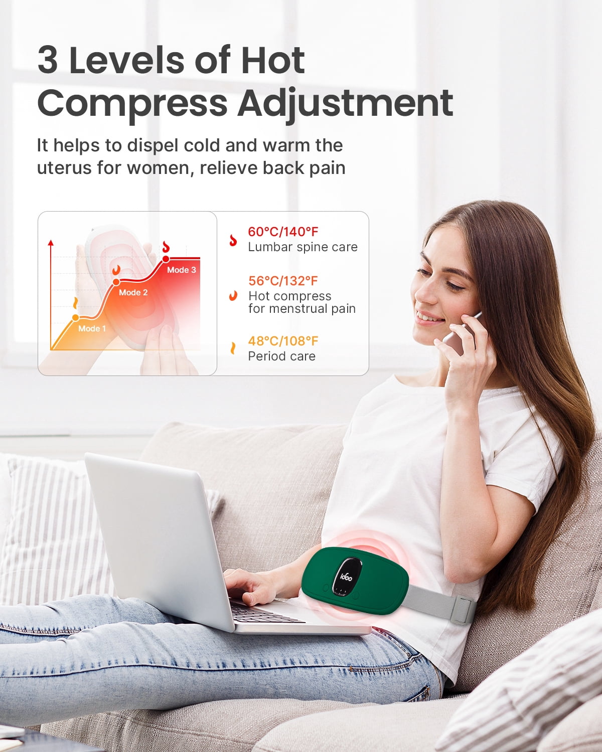 iDOO Cordless Heating Pad for Period Cramps, 3 Heat Setting, 3 Massage Modes,Birthday Mothers Day Gifts for Girlfriend Mom Wife Women, FSA HSA Eligible, Green