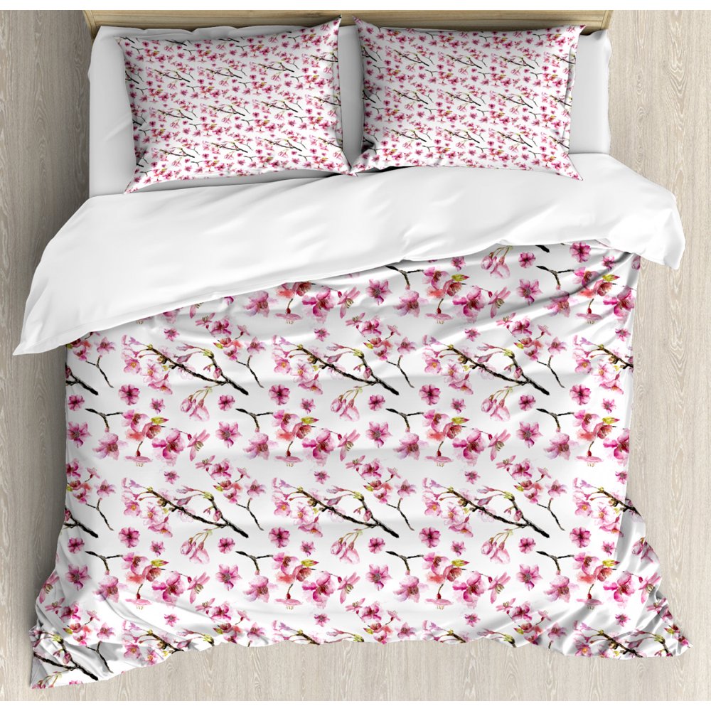 Cherry Blossom Queen Size Duvet Cover Set, Artistic Watercolor Style