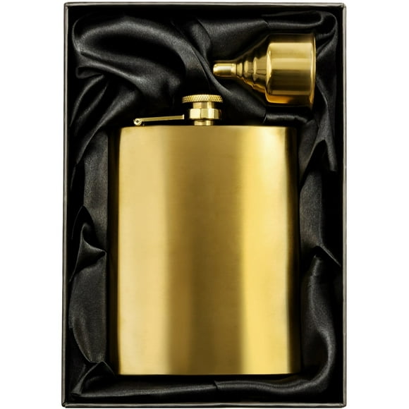 Ensemble de Flasques à Hanche en Or 8 oz. Surface de Polissage en Satin Simple. Flasque à Liqueur de Poche pour Liqueur + Entonnoir + Pochette dans une Boîte Cadeau Élégante. Mince, Léger, Incurvé pour s'Adapter aux Poches