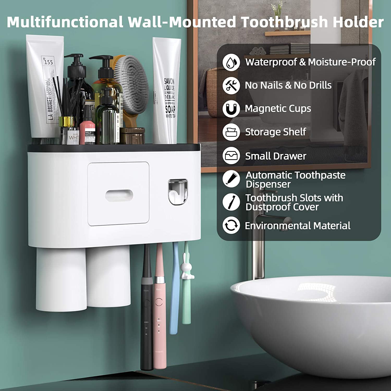 Showgoca Wall Mounted Toothbrush Holder for Bathroom Automatic Toothpaste Dispenser Kit with Magnetic Cups Kids & Family Set Toothbrush Holders St