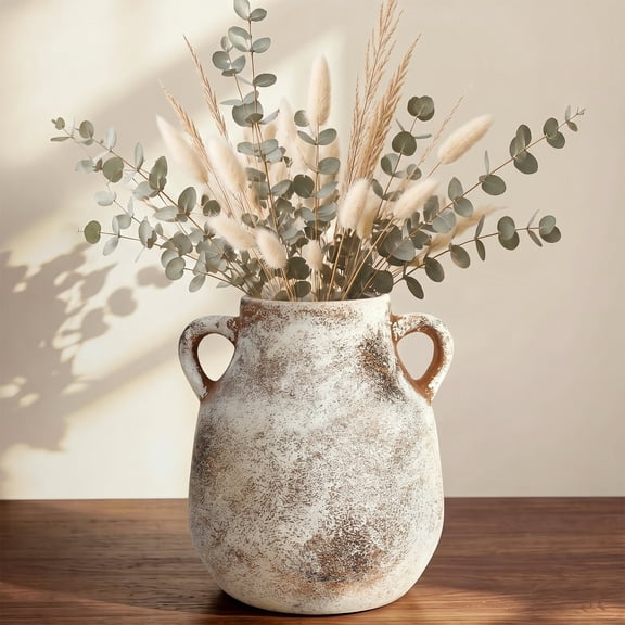 GPED 7.8" Ceramic Vase, Vintage Rustic Vase with Handles, Whitewashed Boho Flower Vase, Unique Textured Ceramic Pottery for Home Decor, Living Room, Shelf & Table Centerpiece