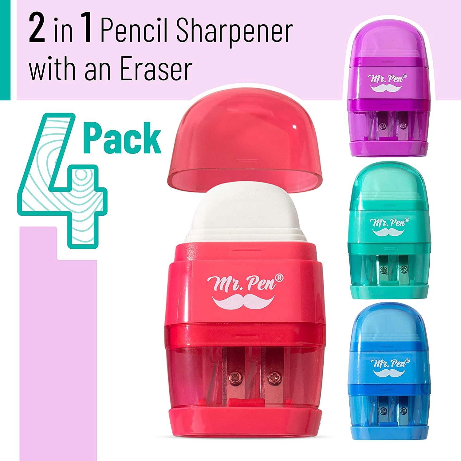 Mr. Pen- Pencil Sharpener & Eraser, 4 Pack, Colorful, 2 Sharpening Holes