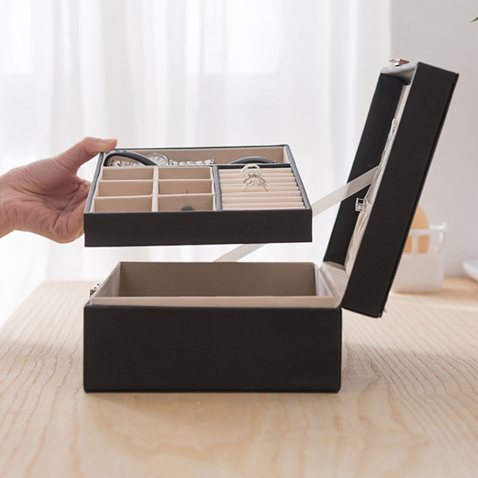 Grofry Double-layer Jewelry Box Safety Lock Micro Fiber Leather Adjustable Compartments Jewelry Case for Rings Black 2 Layer