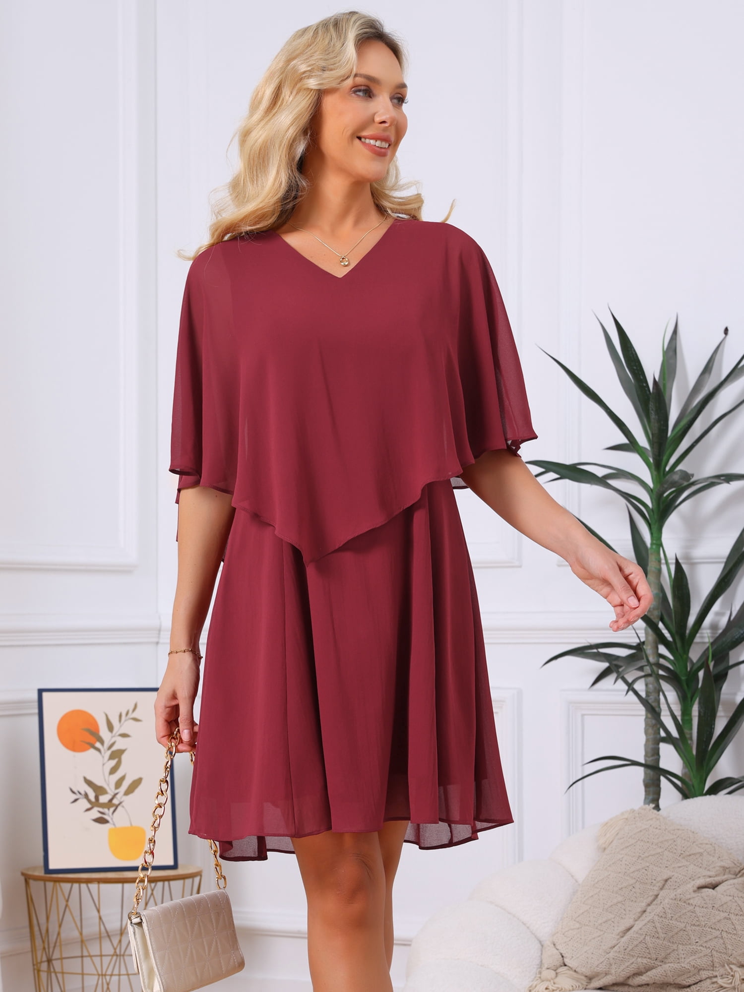 DARING DIVA Women's Chiffon Half Sleeve V Neck Wedding Guest Dress S Wine Red