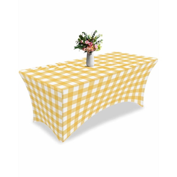 Fitted Tablecloth 6ft Yellow Buffalo Check Plaid Rectangular Tablecloths Stretch Spandex Table Cover Washable Elastic Farmhouse Style Table Cloth Protector for Dinner Party Wedding Banquet