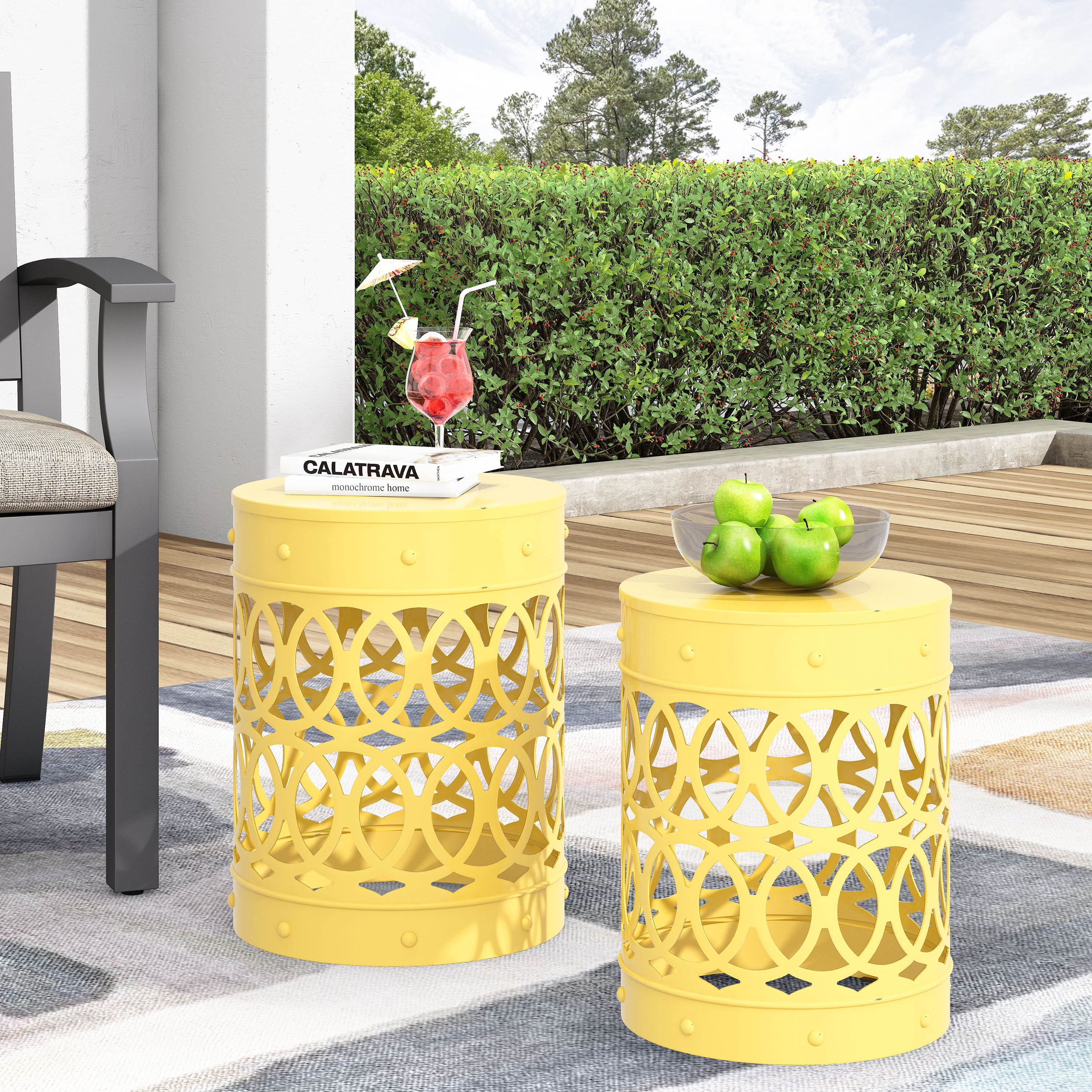 Outdoor Nesting Side Table Set of 2, Cylindrical Hollow Out Iron Structure for Patio Garden, Yellow