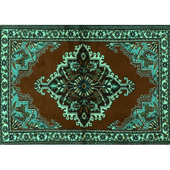 Ahgly Company Indoor Rectangle Medallion Turquoise Blue Traditional Area Rugs, 5' x 8'