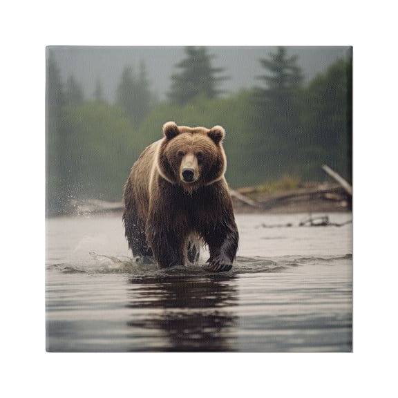 Stupell Industries Bear Splashing in Lake Animals & Insects Painting Gallery Wrapped Canvas Art Print Wall Art, 17 x 17