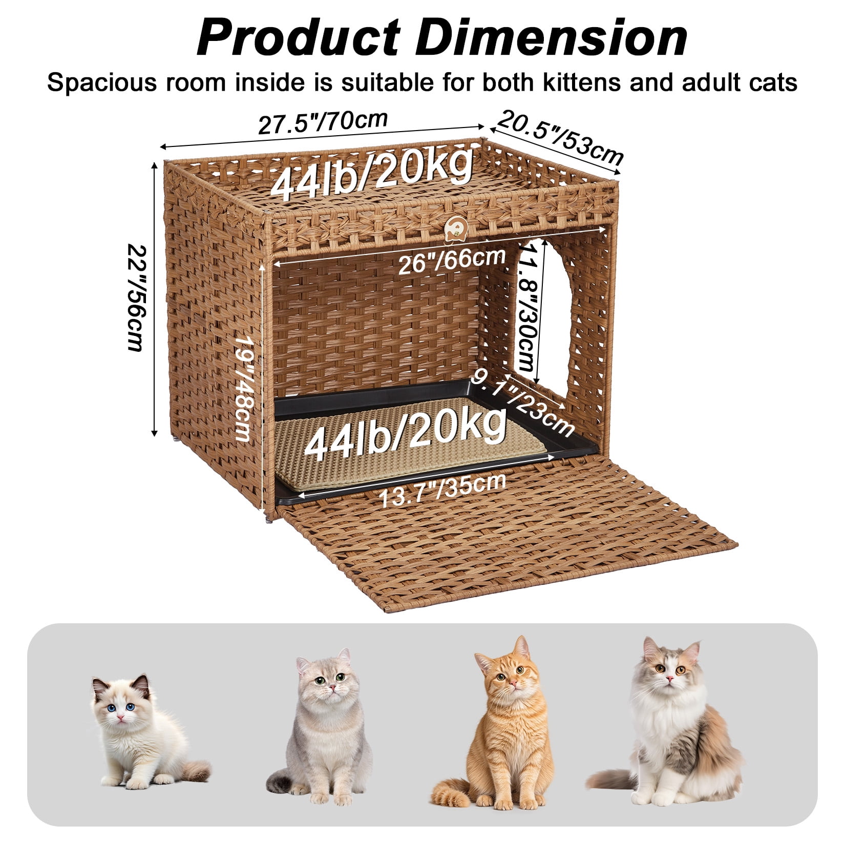 Handwoven Rattan Cat Litter Box Cabinet – Large Hidden Enclosure with Removable Mat and Fence – Stylish Boho Furniture, Easy to Clean, Covered Litterbox for Indoor Cats – Natural Color