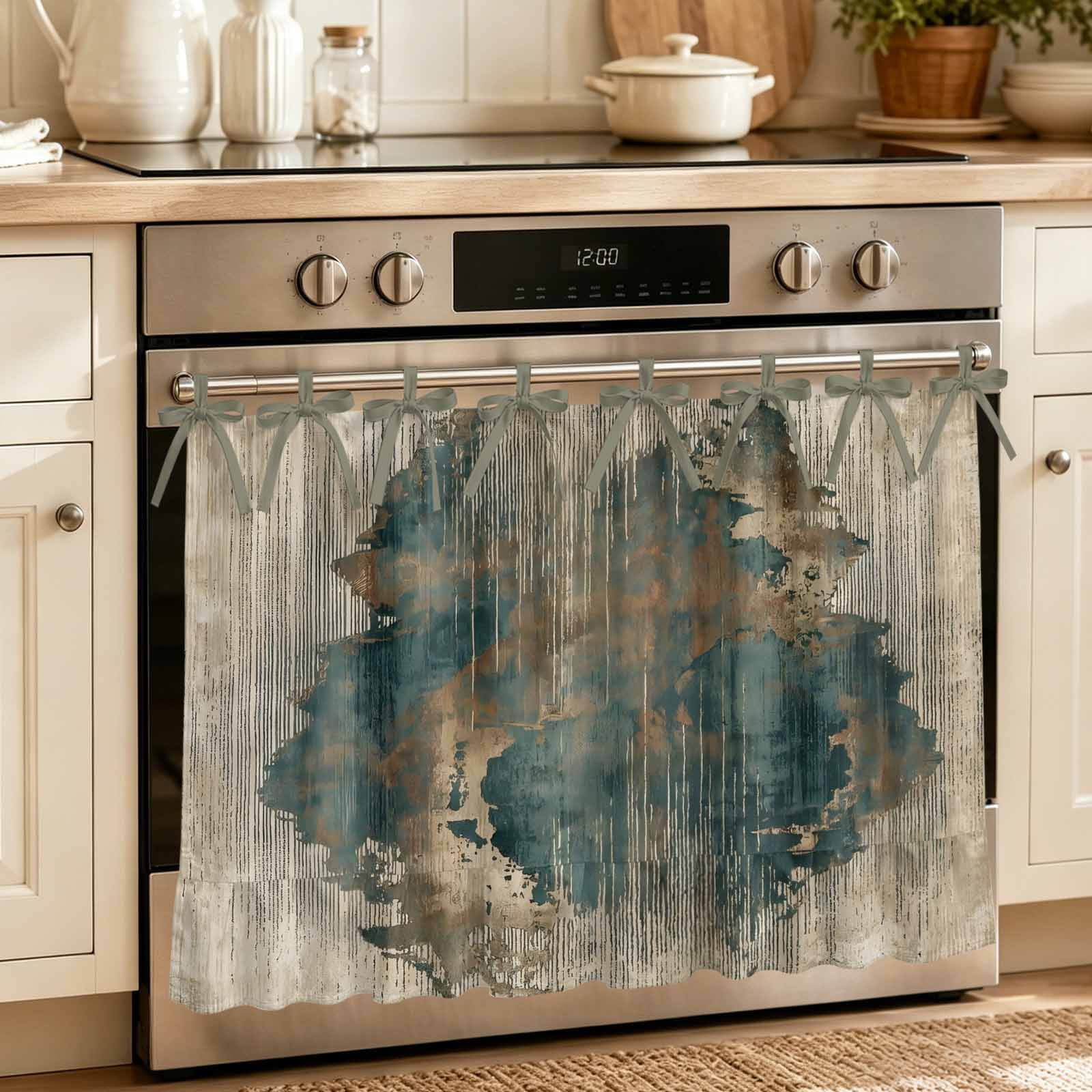 Oven Skirt Curtain for Kitchen 20x27 Inch Shabby Teal Brown Oven Curtain with 8 Ribbon Ties & Ruffle Trim Stove Skirt Curtain Dishwasher for Cabinets Over Sinks Abstract Art Striped Vintage
