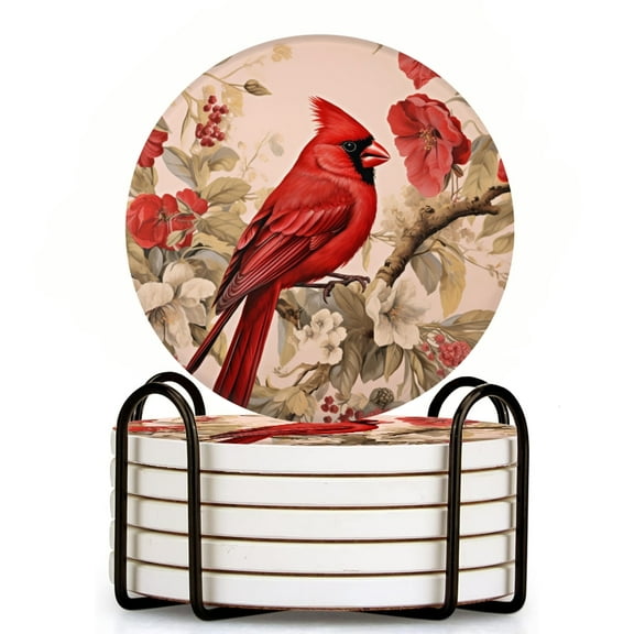 Bahomeck Drink Coasters Set Of 6 With Holder Red Cardinal Bird Perched On Elegant Floral Patterned Water Absorbent Ceramic Coasters Tabletop Protection,Suitable For Various Cup,Home Decor