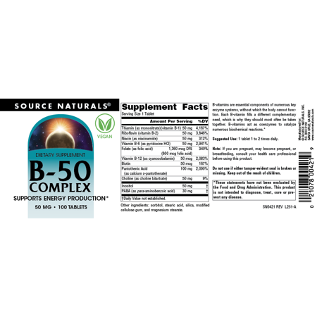 ソースナチュラルズ B-50 コンプレックス 100粒 タブレット Source Naturals B-50 Complex 100Tablets