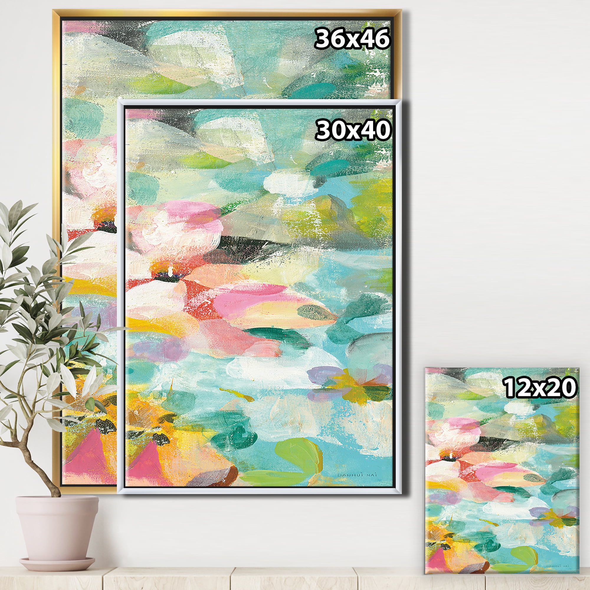 Designart ' Handpainted Abstract Flowers in Blue and Pink ' Cabin & Lodge Framed Canvas