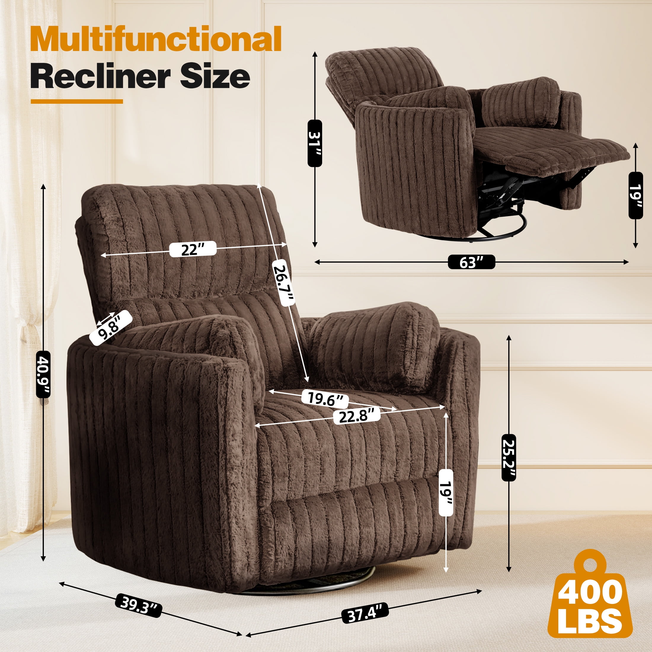 Aukfa Swivel Rocking Glider Power Recliner Chair with 24" Wide Seat & Type-C & USB Ports, Brown