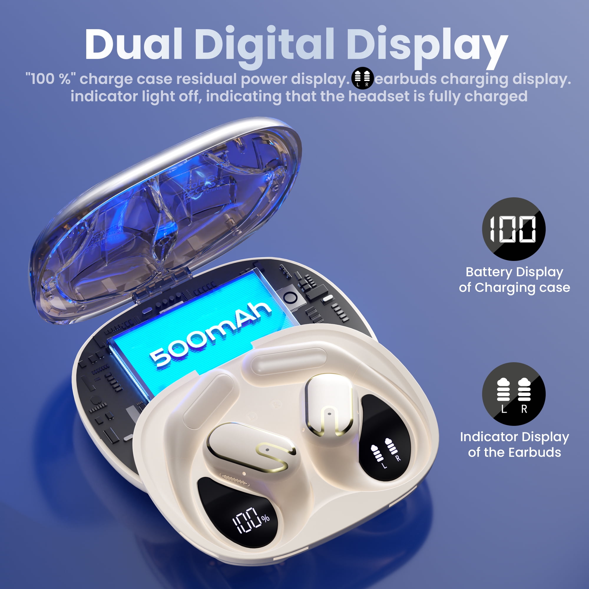 Open Ear Headphones, TPUFO Bluetooth 5.4 Earphones Stereo Sound, Wireless Headphones 80 Hours Playback, Clear Calls, IPX7 Waterproof Open Ear Earbuds with 18.2mm Drivers