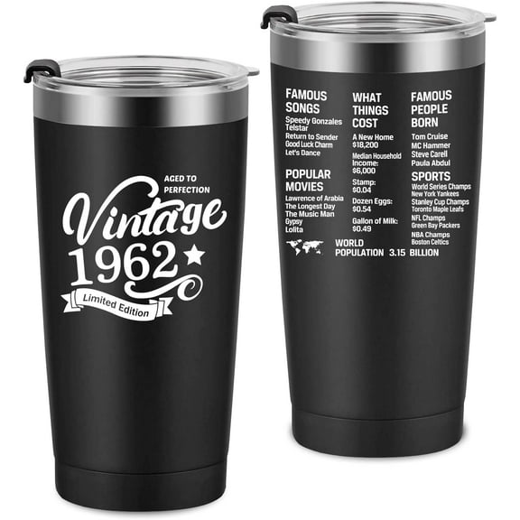 1962 60th Birthday Gift for Women and Men - 60th Gifts for Parents - 60th Class Reunion - Mom Dad Wife Husband Grandpa Grandma Present - 20oz Tumbler Cup(black)