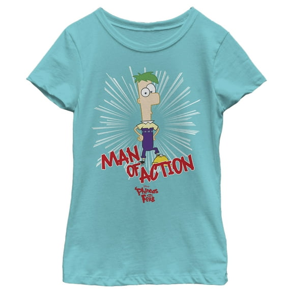 Girl's Phineas & Ferb Phineas and Ferb Man Of Action  Graphic Tee Tahiti Blue Large