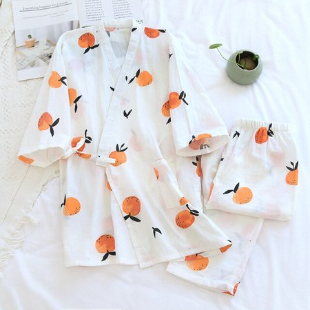 

CoCopeaunt Rose Printed Ladies Kimono Style Pajamas Set Loose Thin V-Neck Three-Quarter Sleeves Gauze Cotton 2Pcs Sleepwear Loose Homewear