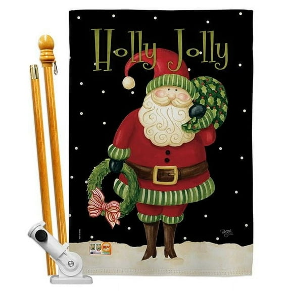 Breeze Decor BD-XM-HS-114139-IP-BO-D-US17-AM 28 x 40 in. Holly Jolly Santa Winter Christmas Impressions Decorative Vertical Double Sided House Flag Set & Pole Bracket Hardware